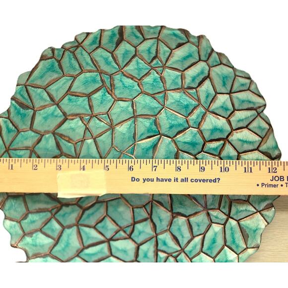 GLASS DECORATIVE DISH-Green Turquoise-Mosaic Pattern-Silver Back-12.5" Diameter - Picture 10 of 10